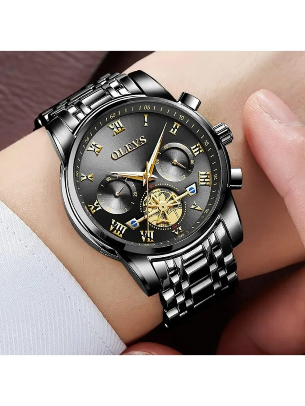 Olevs Men's Black Gold Multifunction Waterproof Luminous Chronograph Wrist Watch